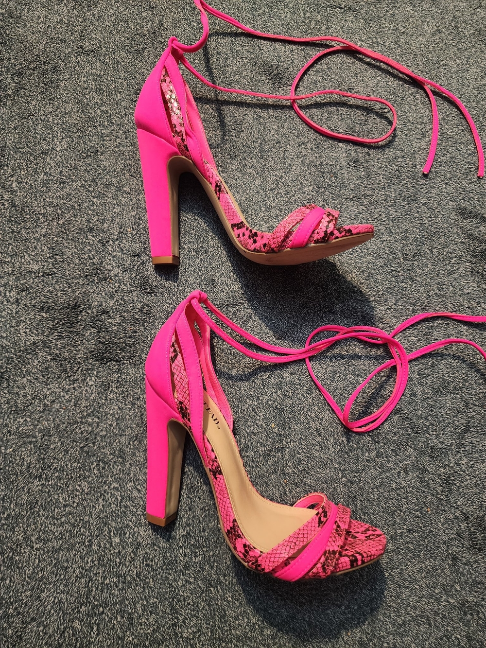 JustFab Vibrant Pink Snake-Print Lace-Up Block Heels